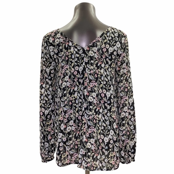 LAUREN Conrad Black Multicolored Floral Print V-Neck Tie bust Long Sleeve Blouse - Picture 5 of 12